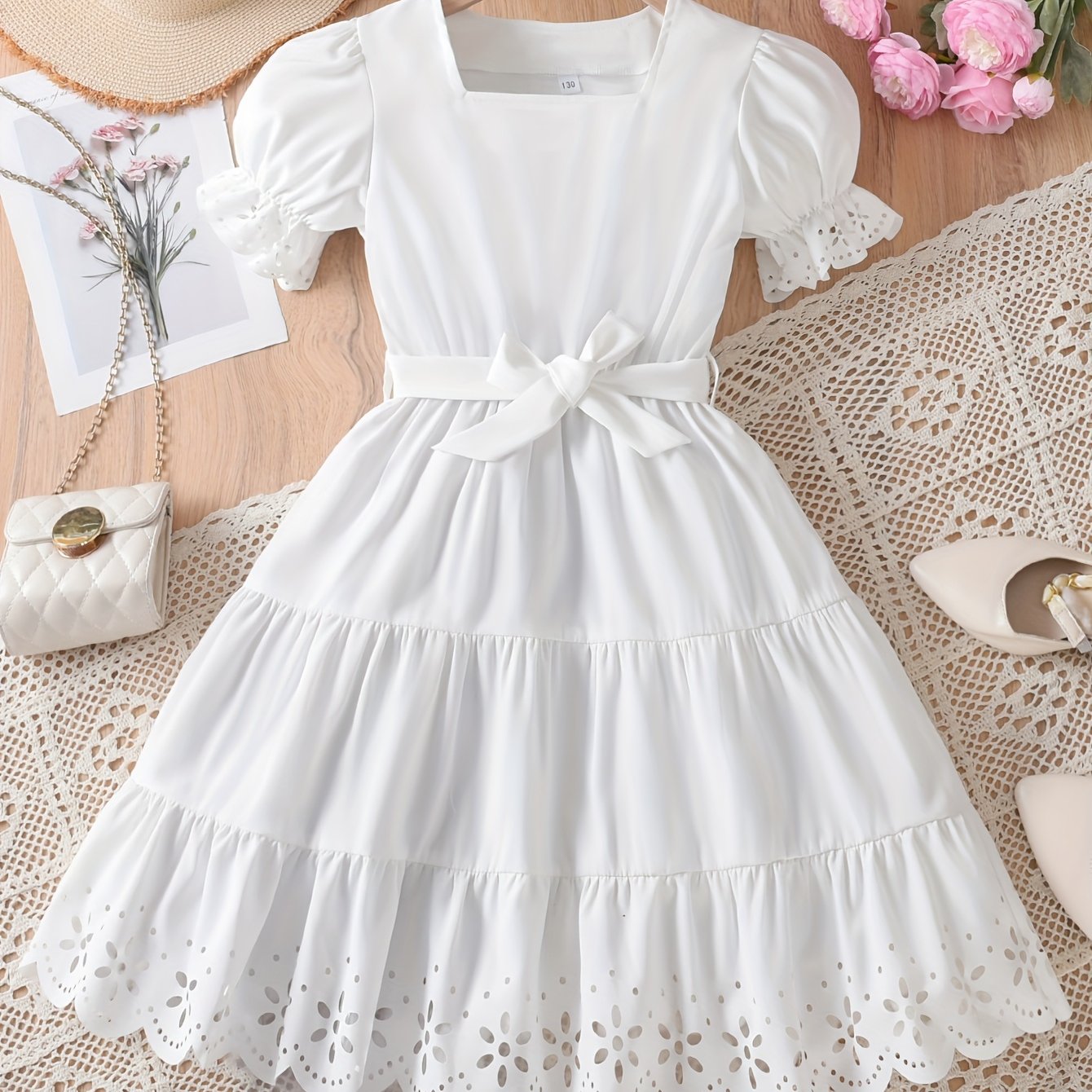 Elegant White Square Neck Puff Sleeve Midi Dress