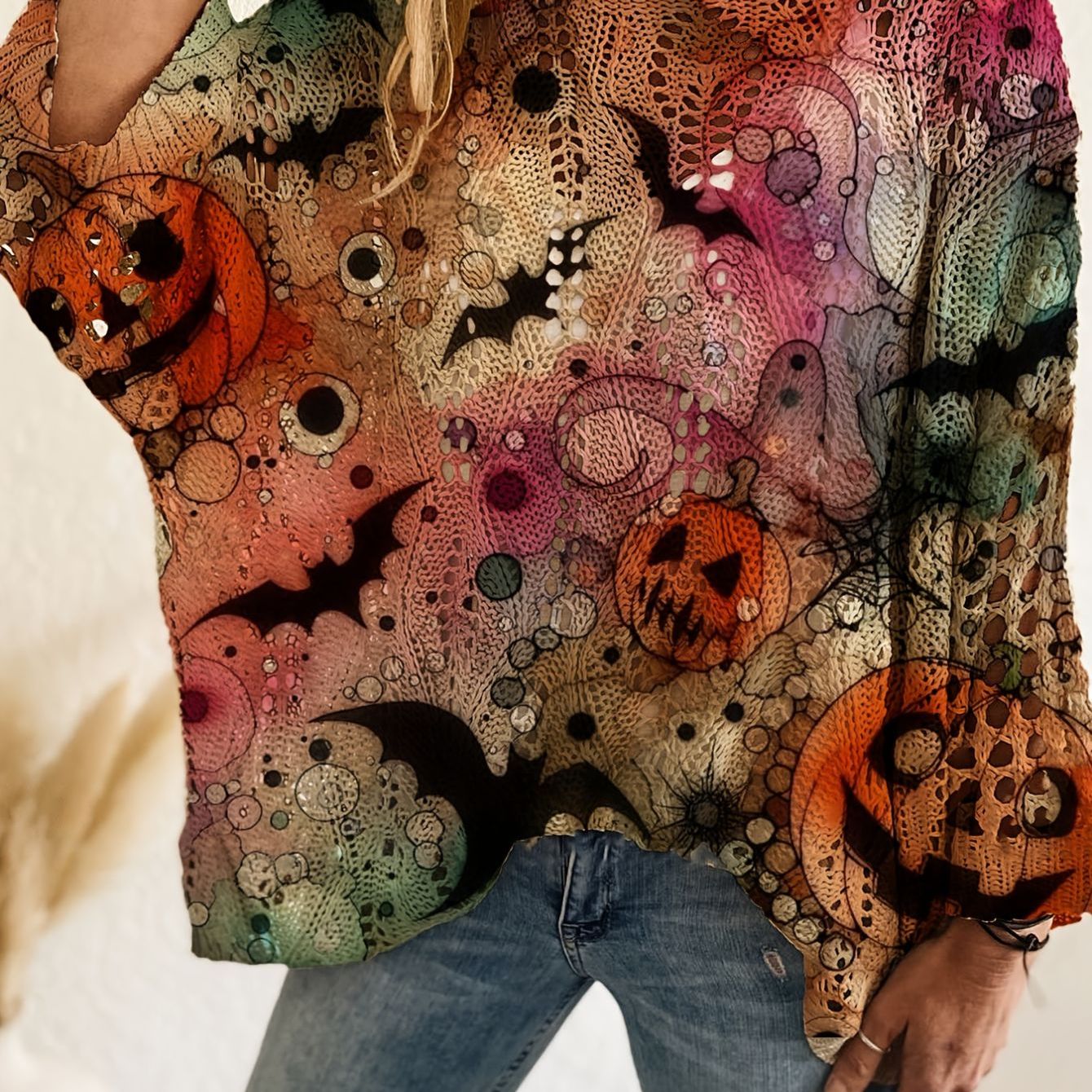 Bat & Pumpkin Print Casual Blouse for Halloween