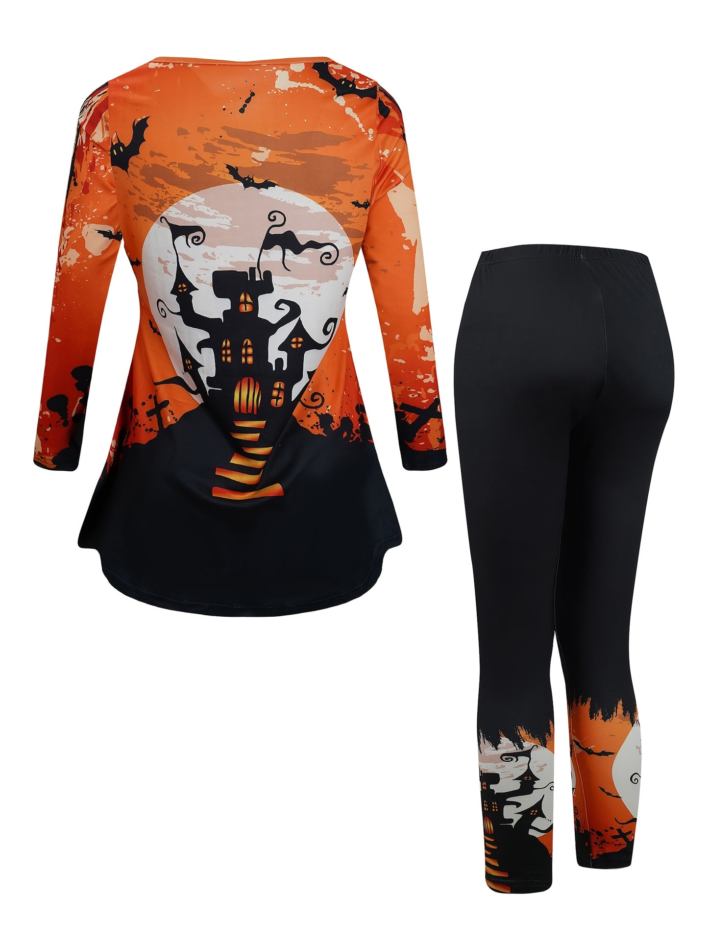 Halloween Bat Castle Print T-Shirt & Leggings Set