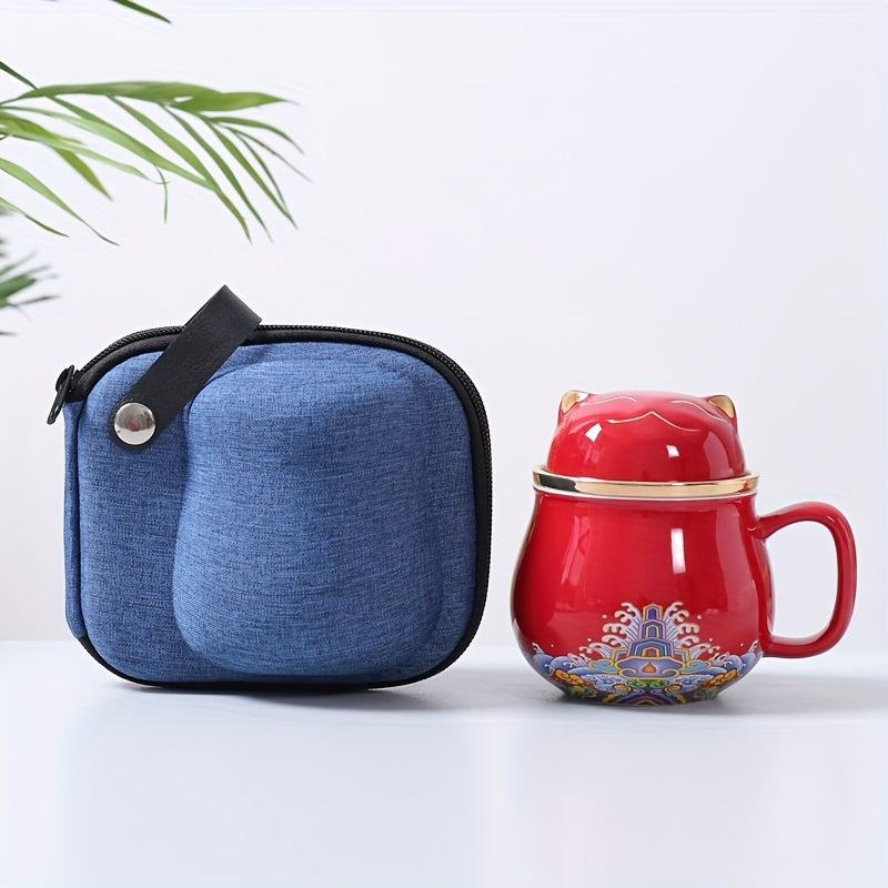 Cute Cat Ceramic Teacup With Lid, Filter and Travel Bag