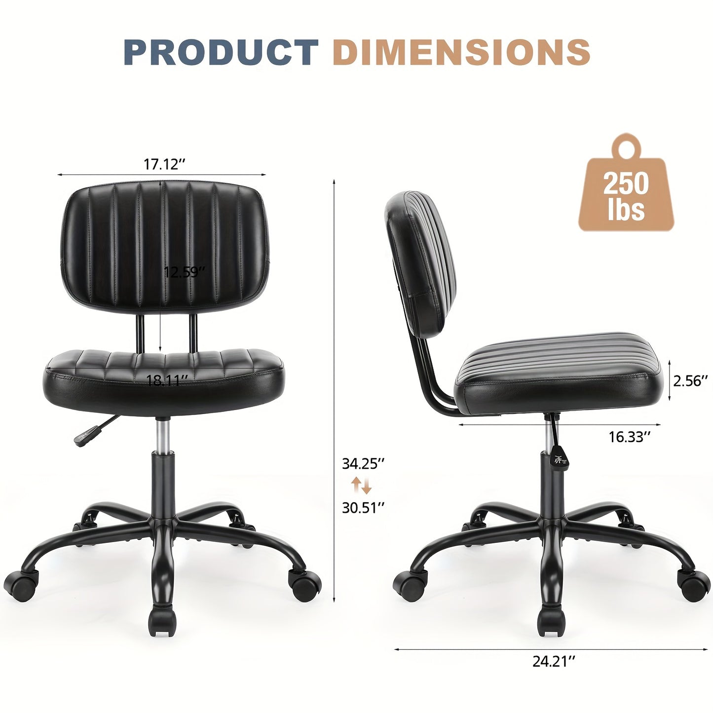 Ergonomic Adjustable Height 360° Swivel Armless Chair