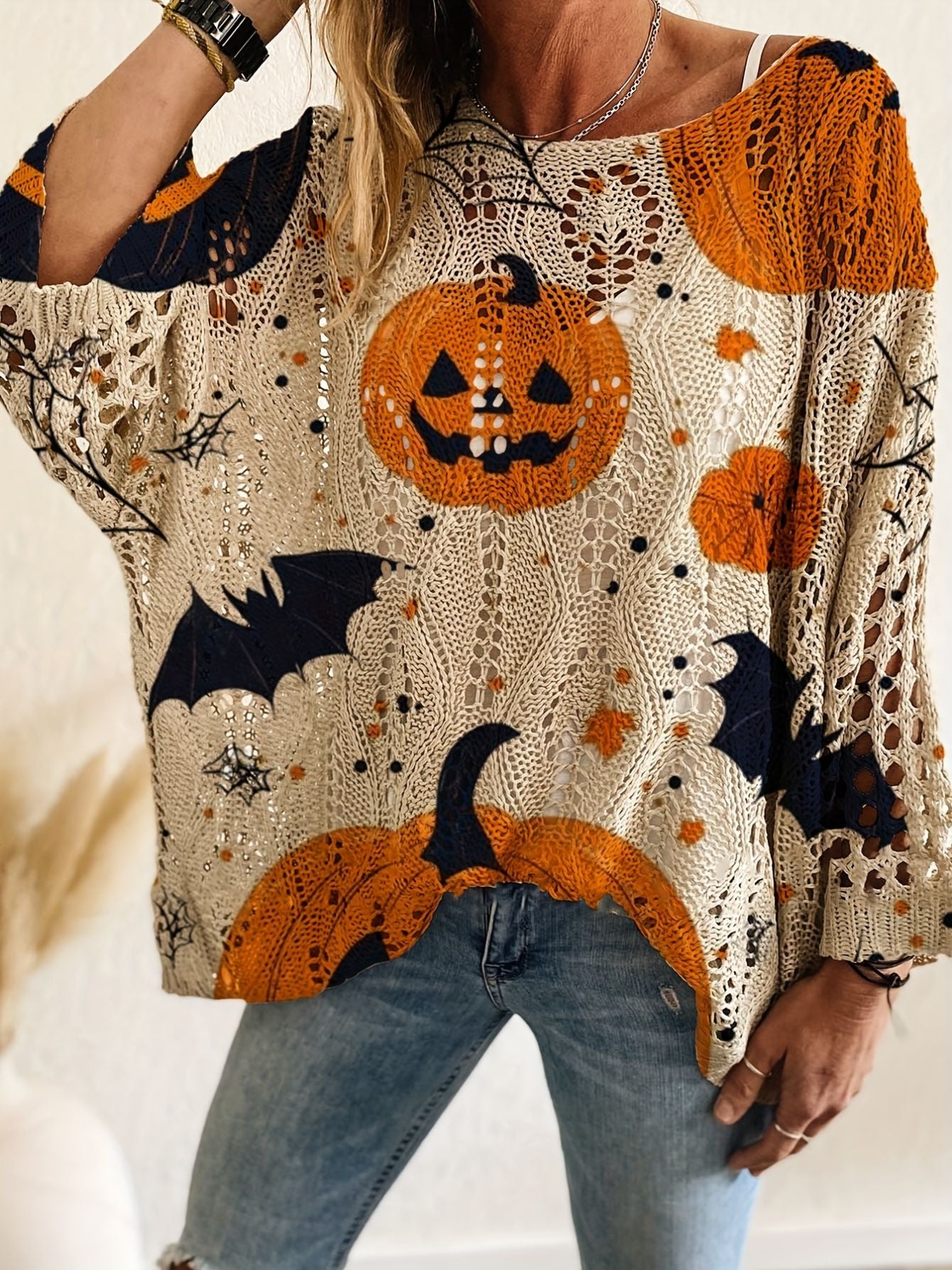 Bat & Pumpkin Print Casual Blouse for Halloween