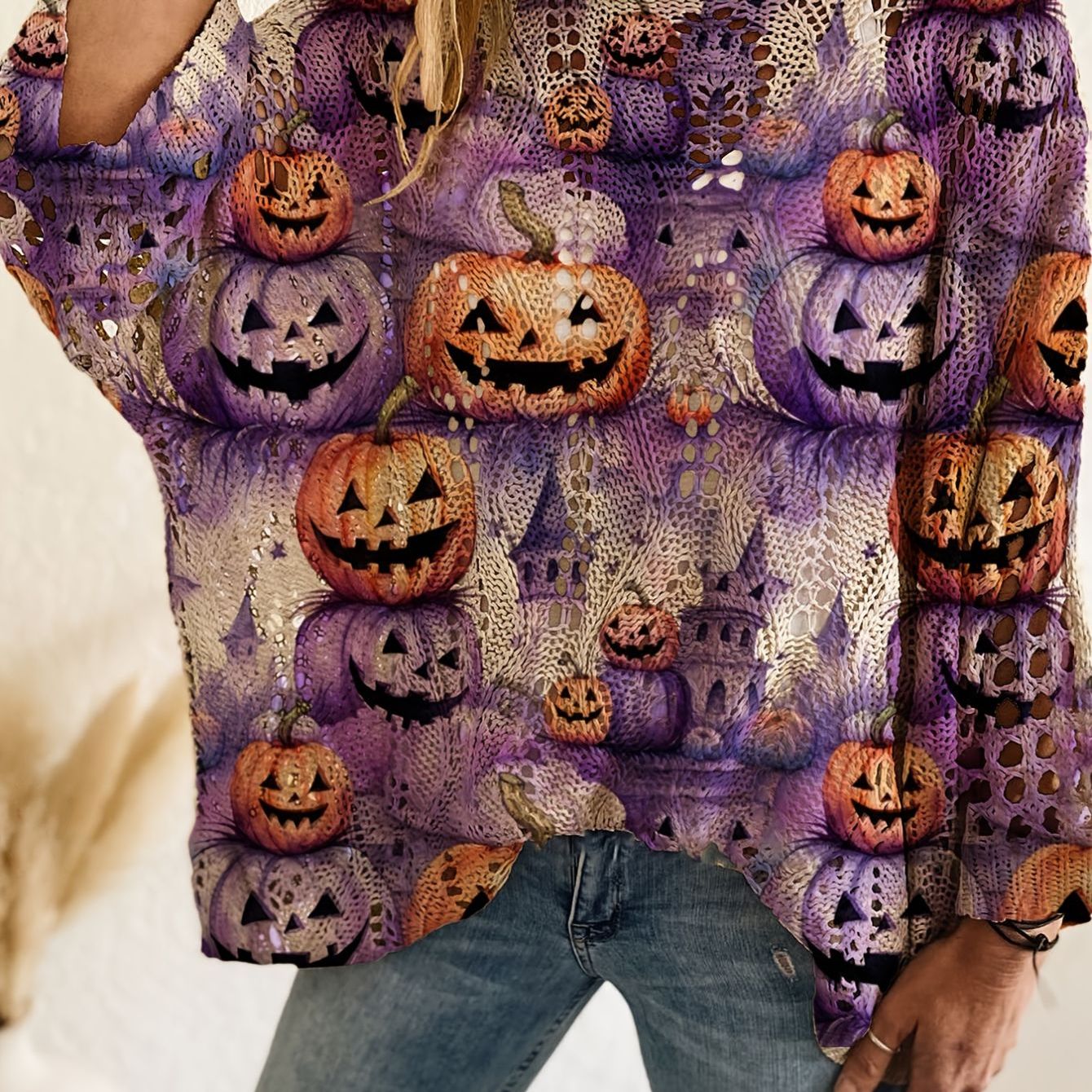 Bat & Pumpkin Print Casual Blouse for Halloween