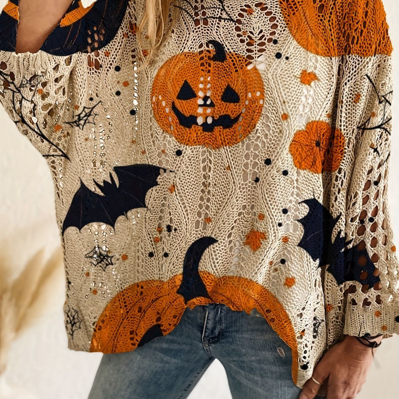 Bat & Pumpkin Print Casual Blouse for Halloween