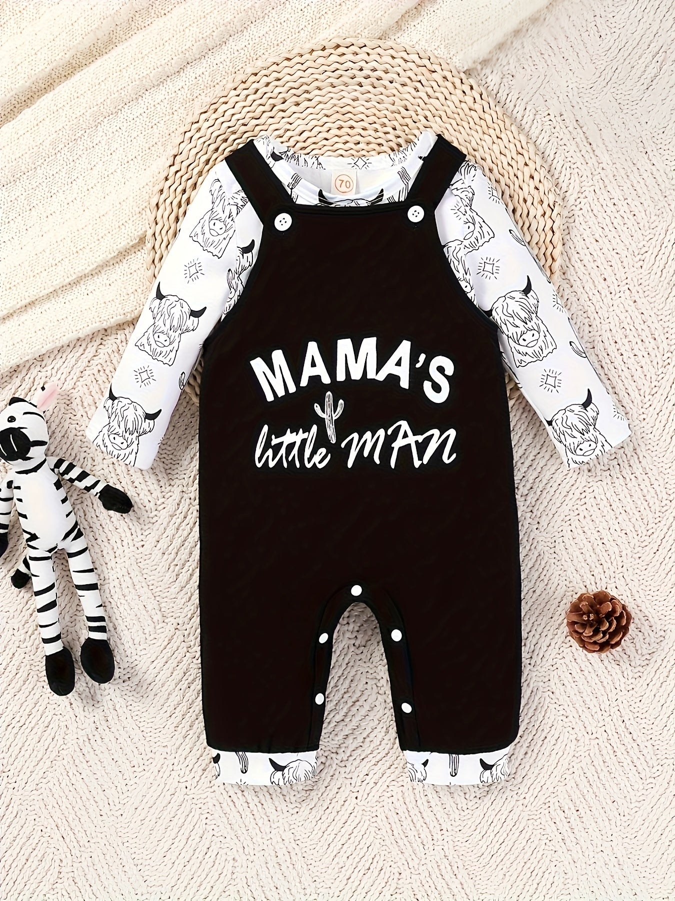 Highland cow print shirt with "mamas little man" overalls