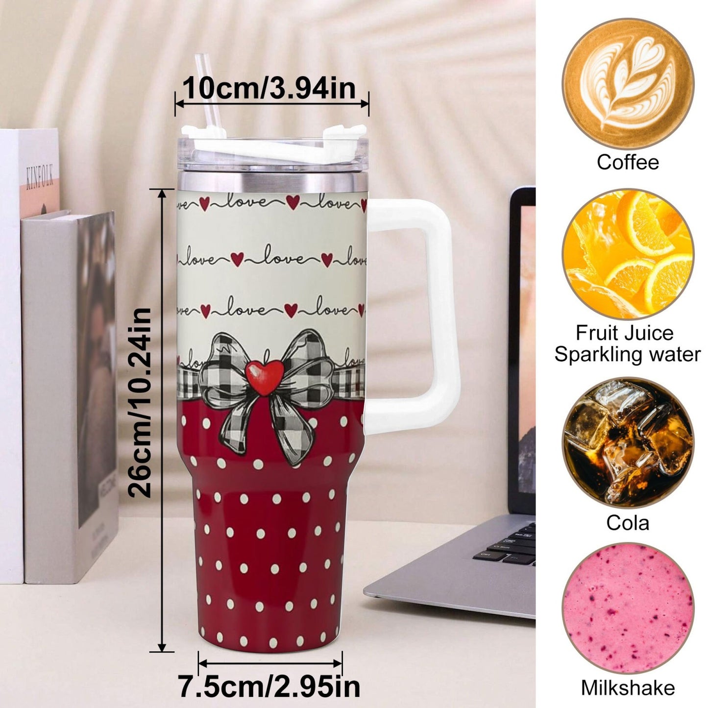 40 oz Red Bow Design, Stainless Steel, Thermal Mug