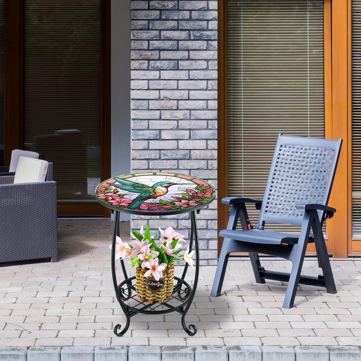 Mosaic Accent Table with Stained-Glass Style Top & Black Frame