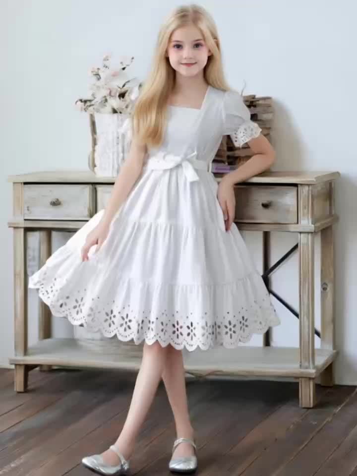 Elegant White Square Neck Puff Sleeve Midi Dress
