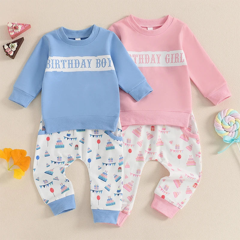 Birthday Set Long Sleeve Top with Cake Print Pants