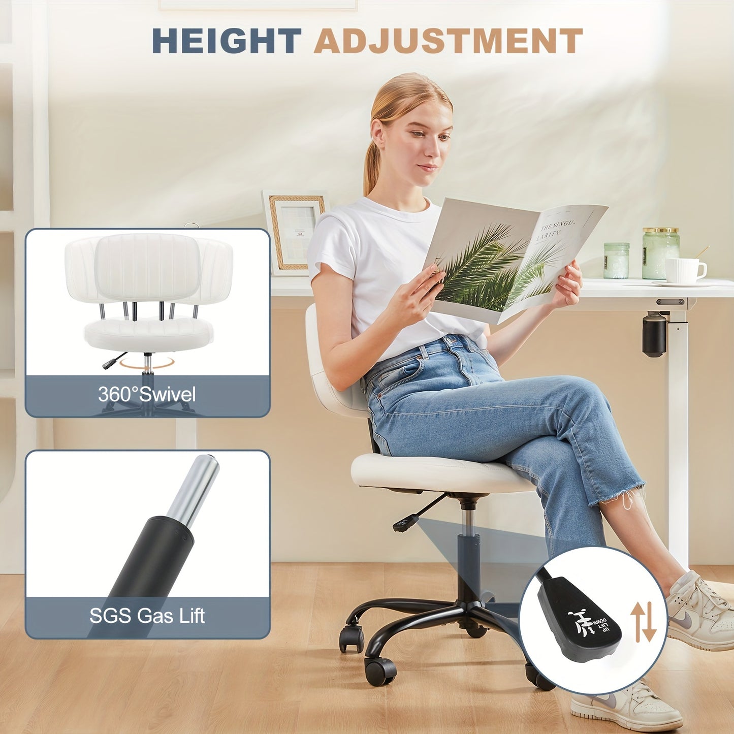 Ergonomic Adjustable Height 360° Swivel Armless Chair