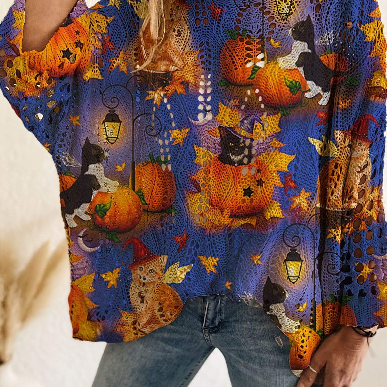 Bat & Pumpkin Print Casual Blouse for Halloween