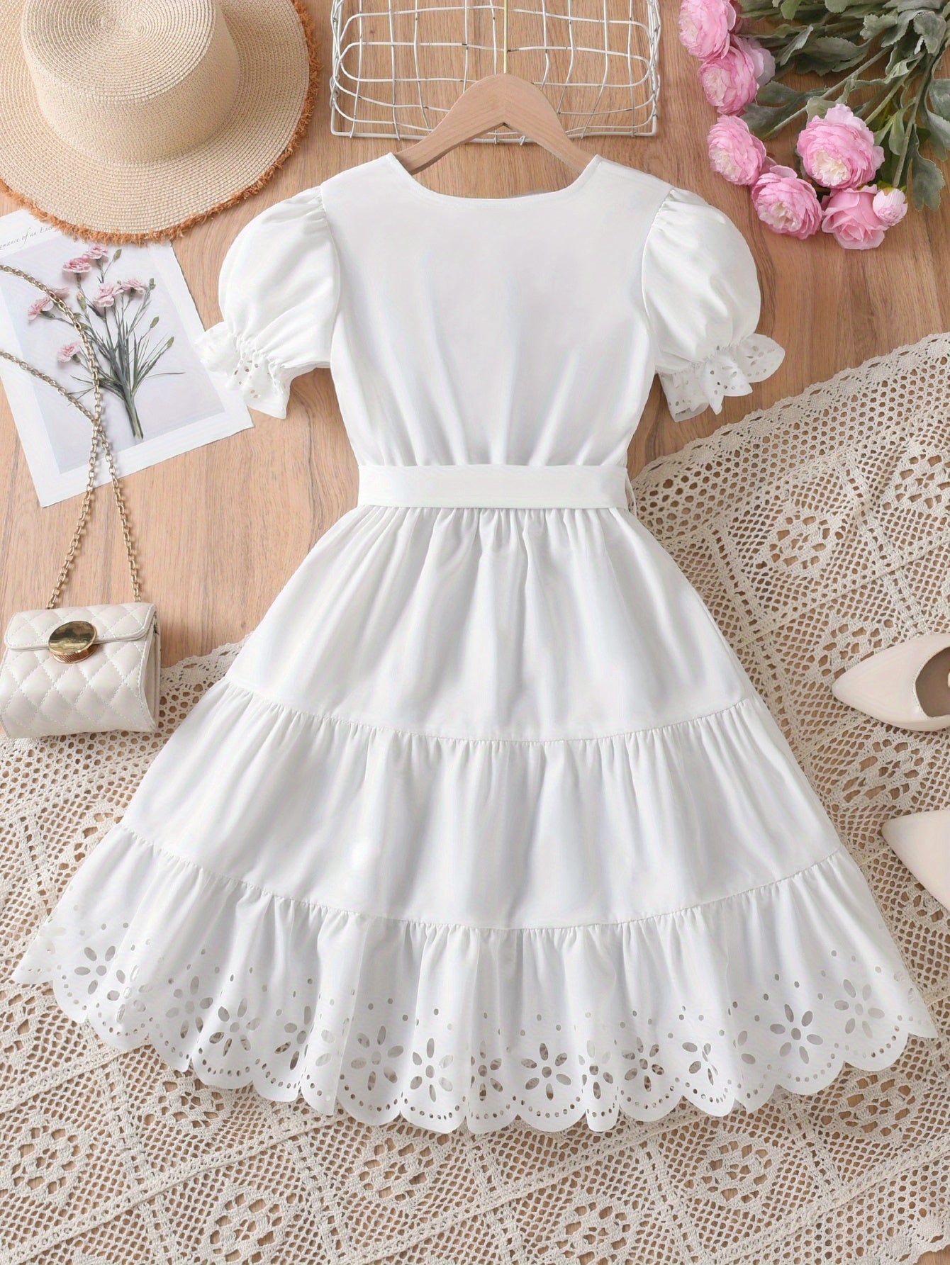 Elegant White Square Neck Puff Sleeve Midi Dress
