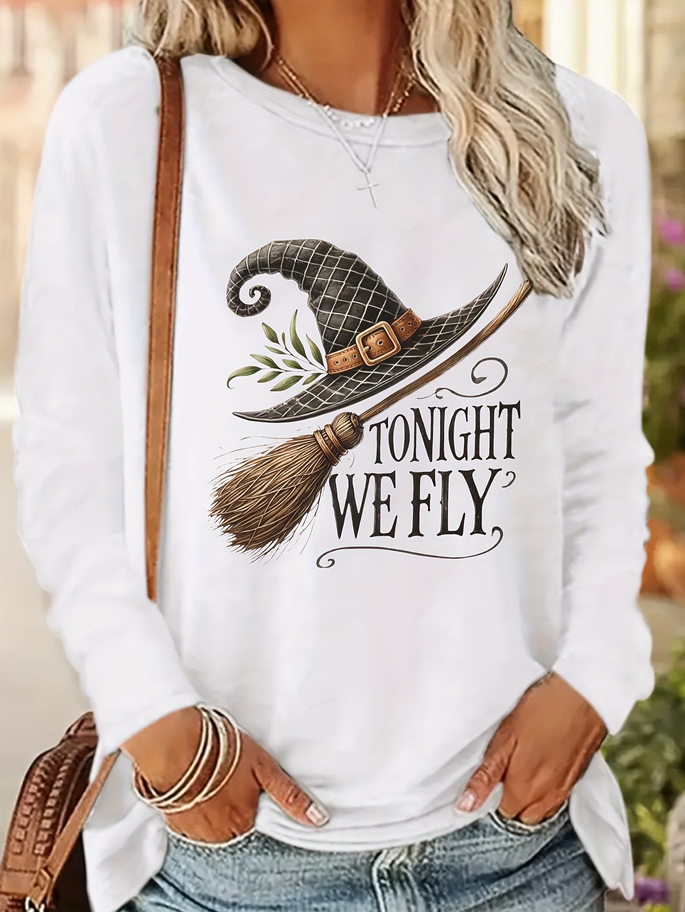 Gothic Witch & Broom Print Long Sleeve T-Shirt