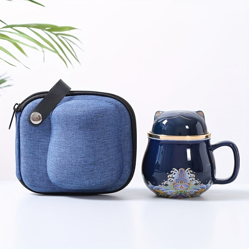 Cute Cat Ceramic Teacup With Lid, Filter and Travel Bag