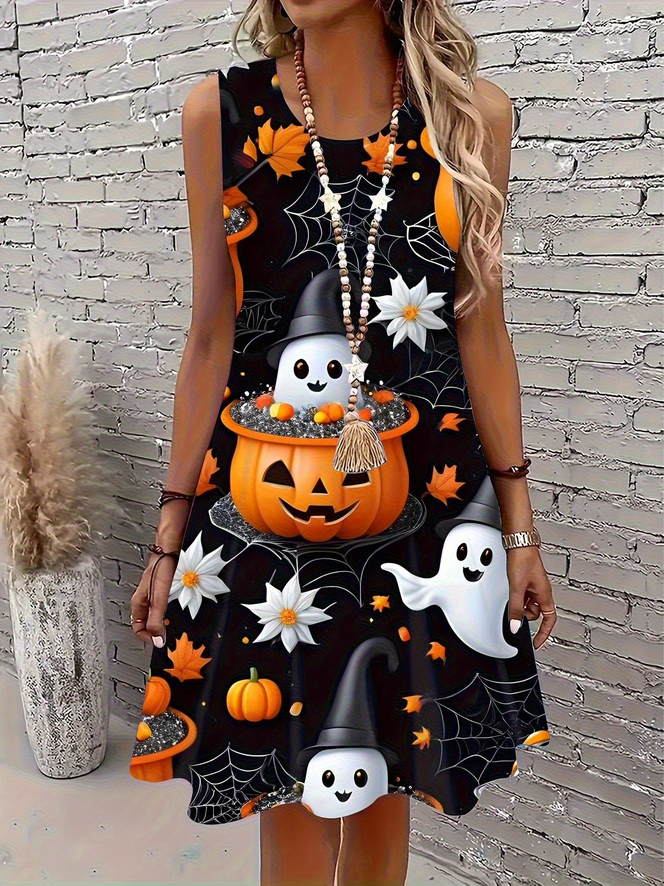 Sleeveless A-Line Mini Dress with Pumpkin, Bat, Spider Web