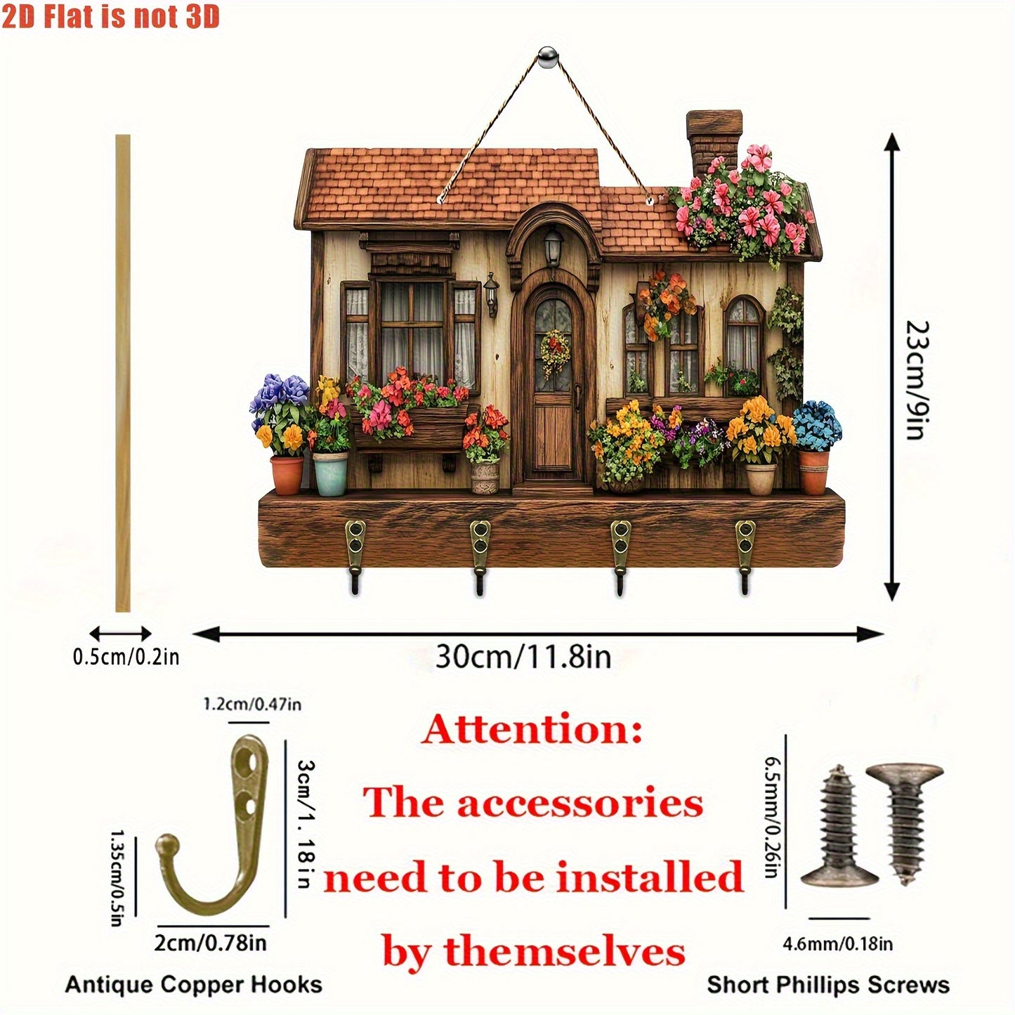 Rustic Pine Wood Flower Cottage Key Holder