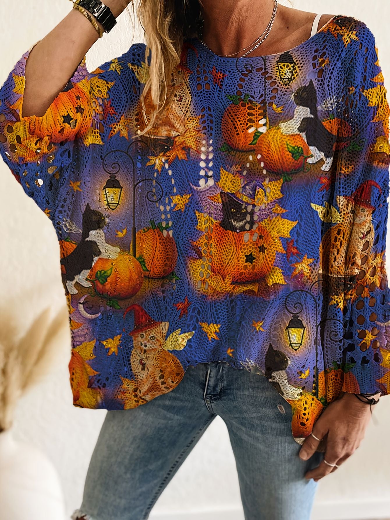 Bat & Pumpkin Print Casual Blouse for Halloween