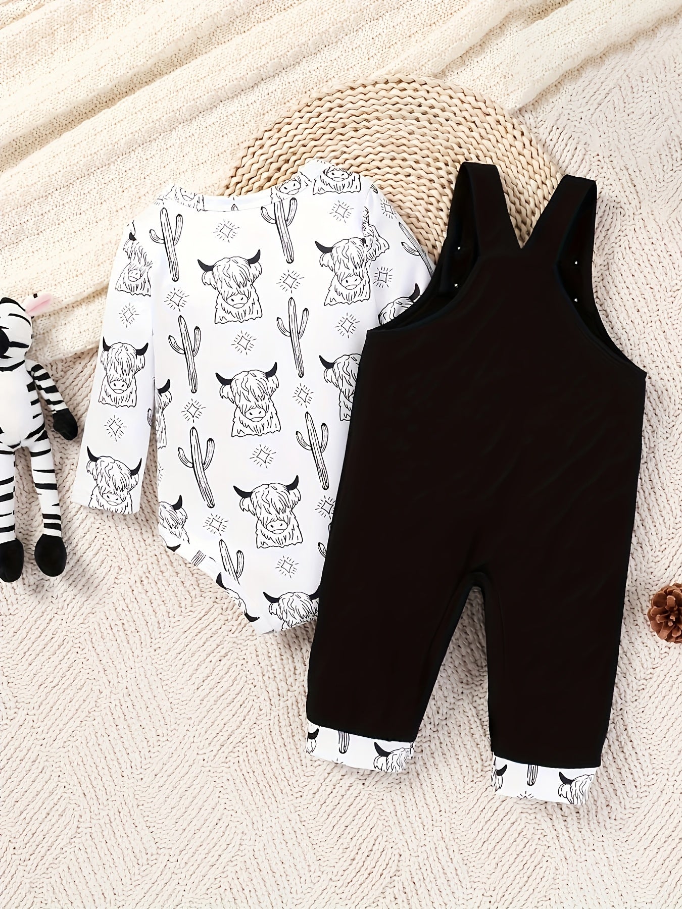 Highland cow print shirt with "mamas little man" overalls