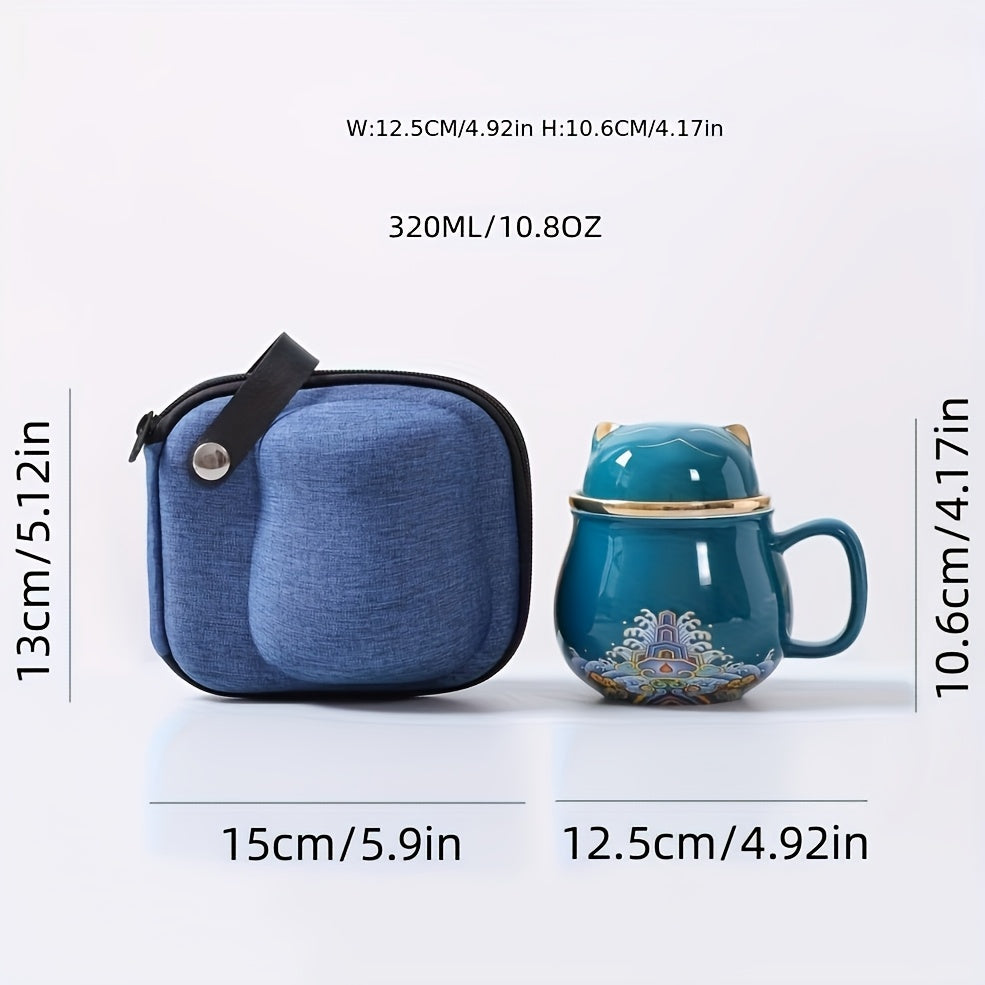 Cute Cat Ceramic Teacup With Lid, Filter and Travel Bag