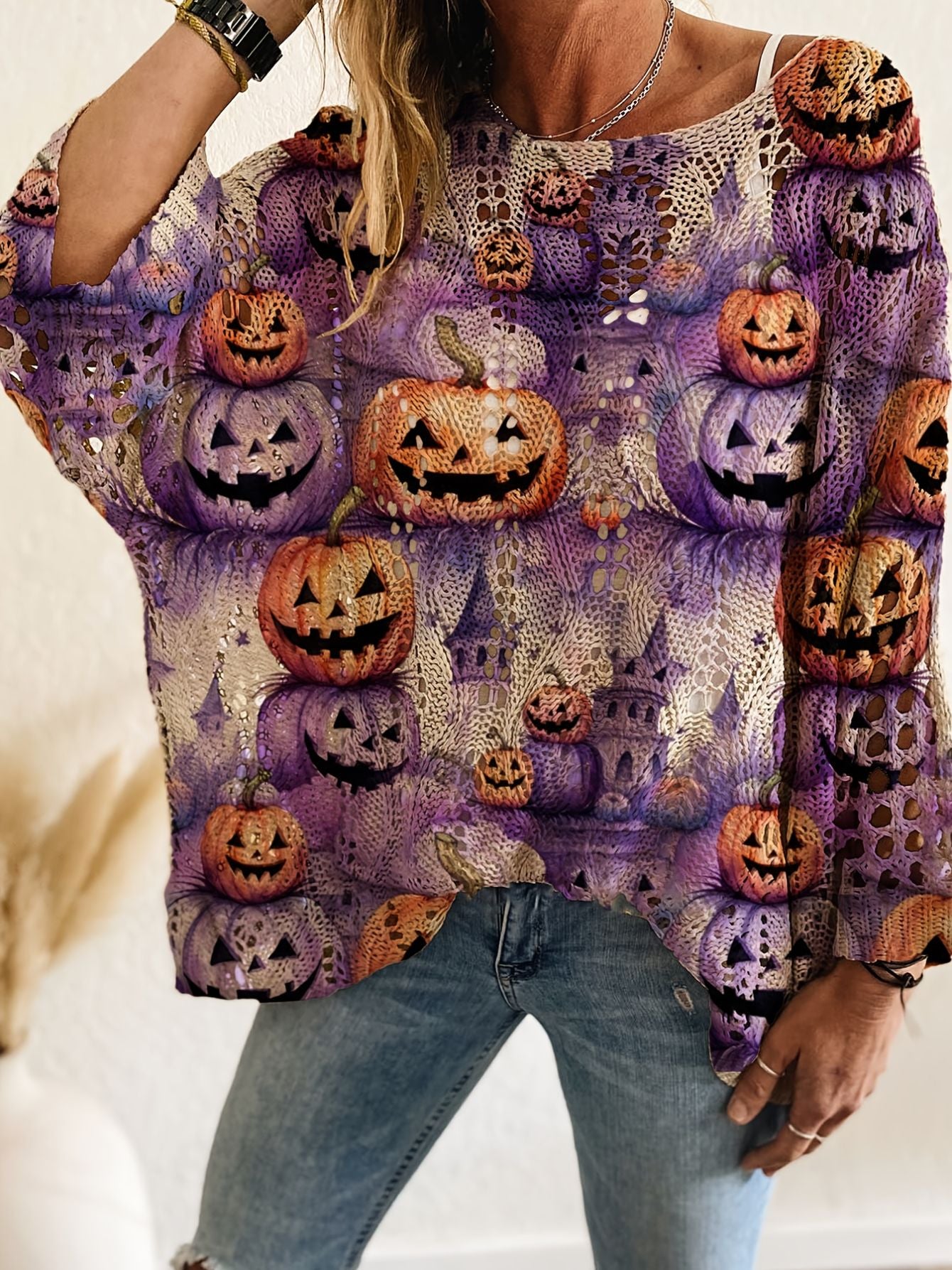 Bat & Pumpkin Print Casual Blouse for Halloween
