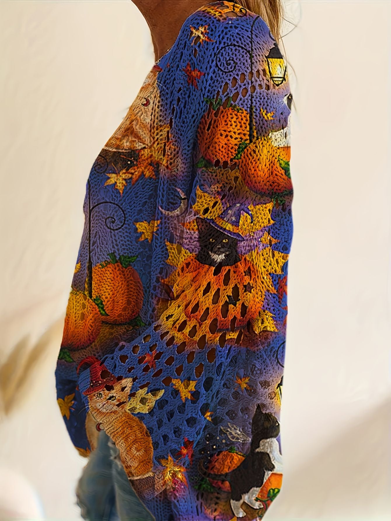Bat & Pumpkin Print Casual Blouse for Halloween