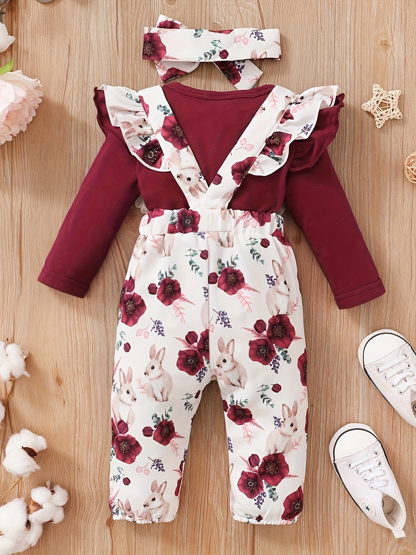 Ruffle Long Sleeve Romper Suspender Pant Set