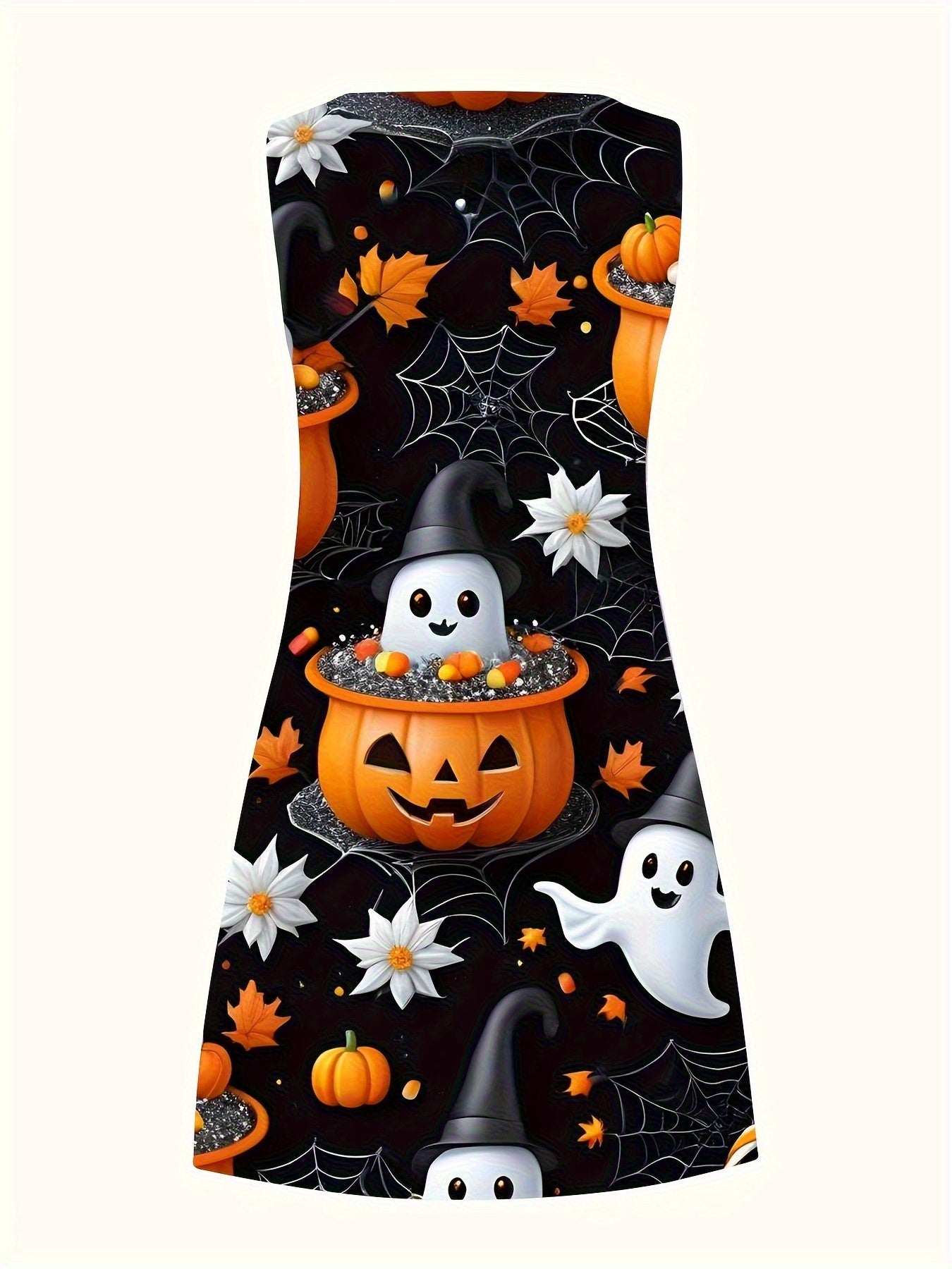 Sleeveless A-Line Mini Dress with Pumpkin, Bat, Spider Web