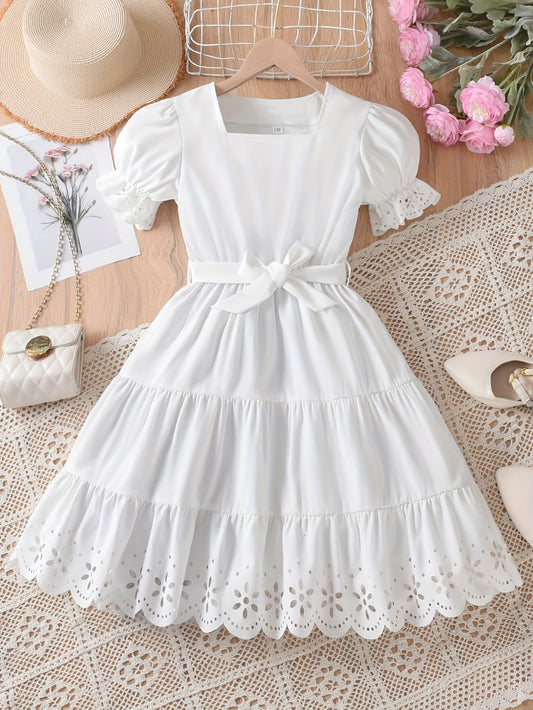 Elegant White Square Neck Puff Sleeve Midi Dress