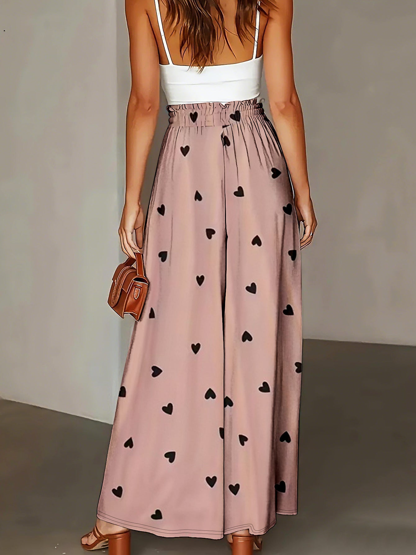 Women's Heart Print Wide Leg Pants