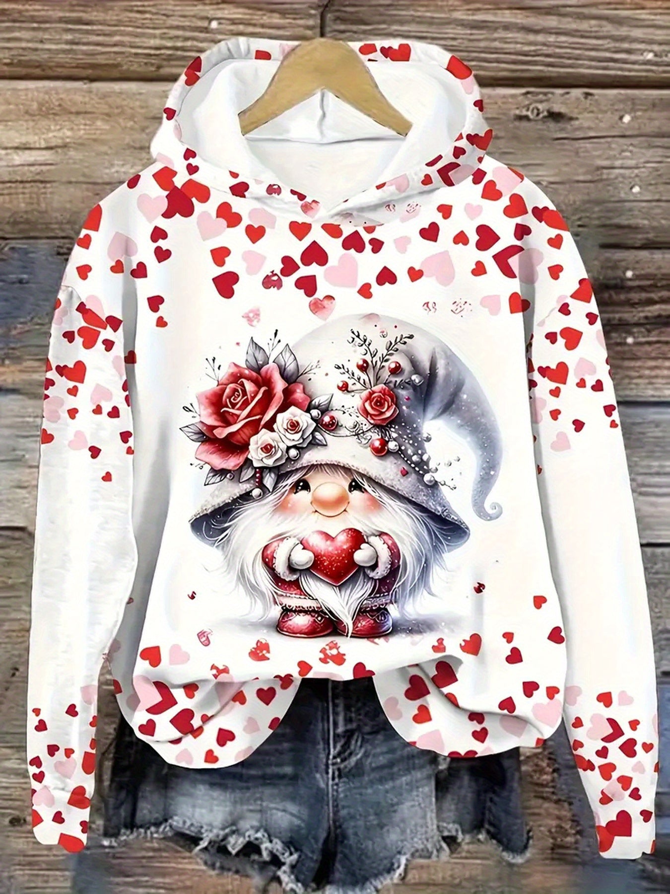 Valentine's Day Heart Gnome Print Hoodie