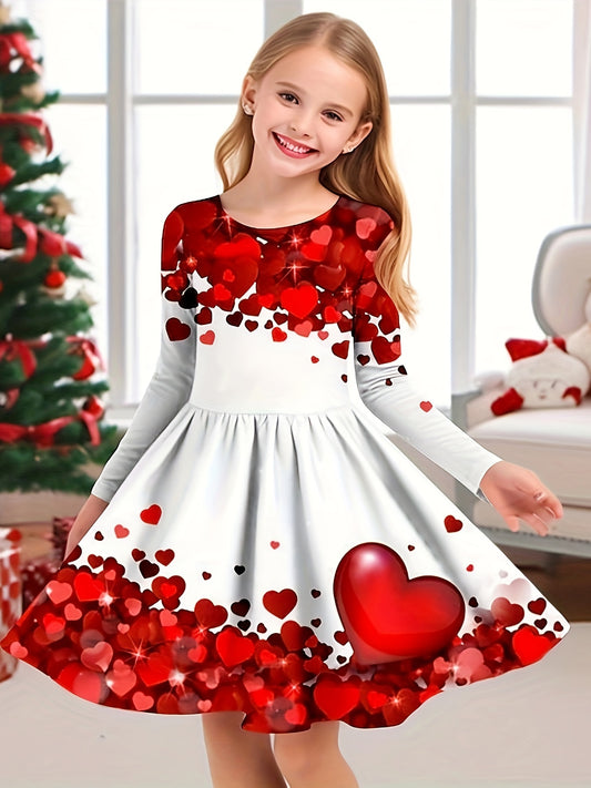 Girls' 3D Heart Print Long Sleeve Dress