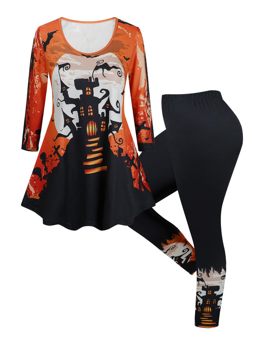 Halloween Bat Castle Print T-Shirt & Leggings Set