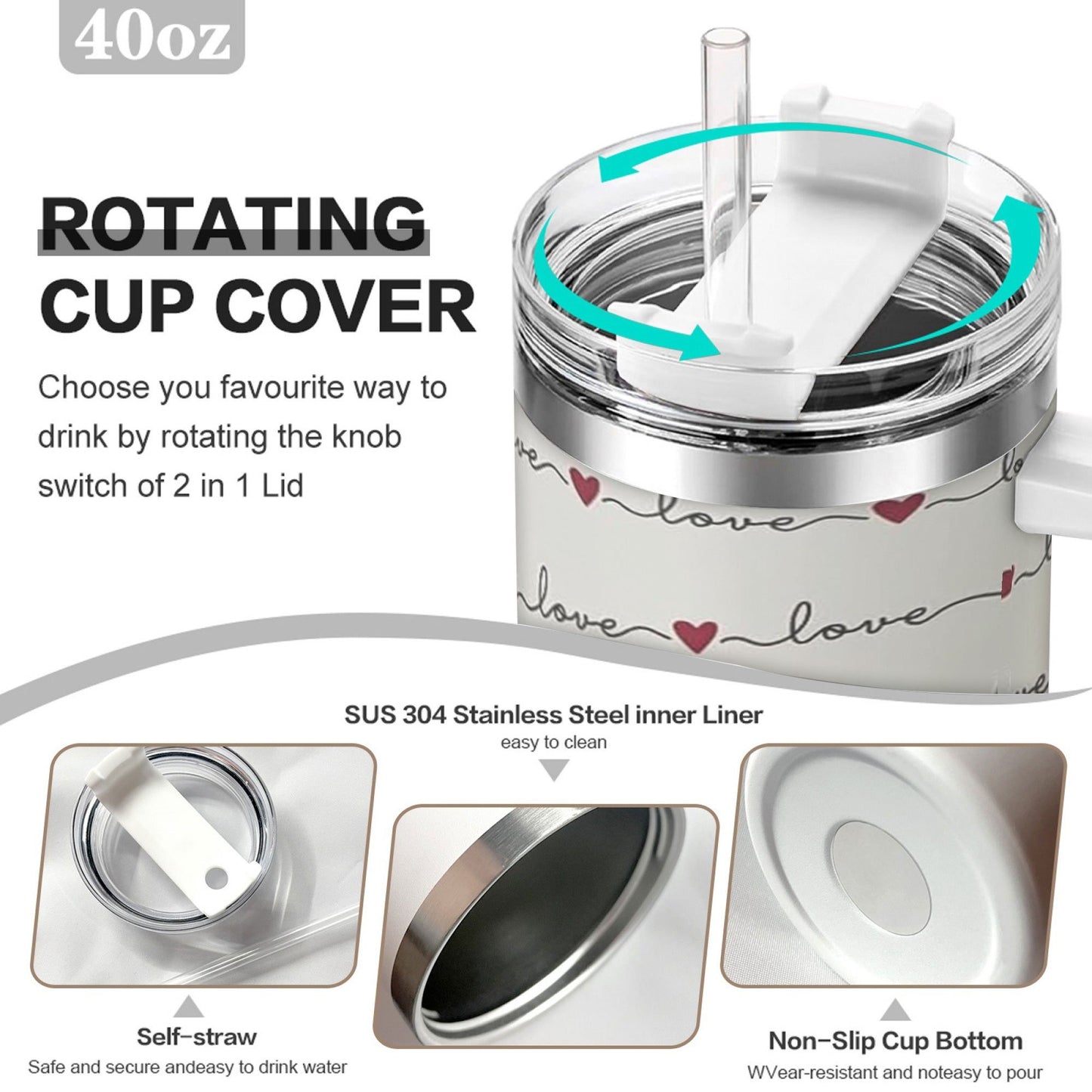 40 oz Red Bow Design, Stainless Steel, Thermal Mug