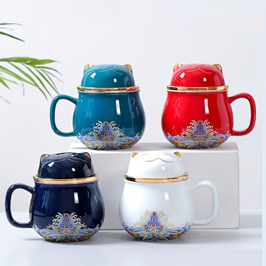 Cute Cat Ceramic Teacup With Lid, Filter and Travel Bag