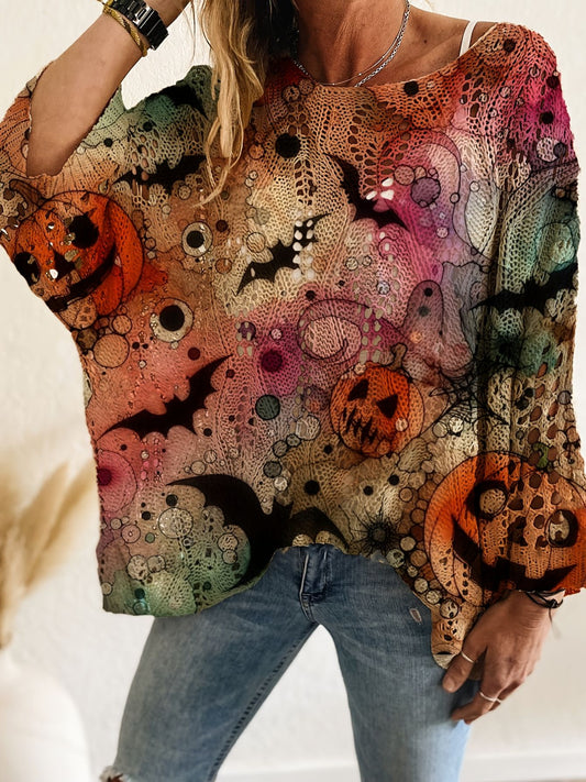 Bat & Pumpkin Print Casual Blouse for Halloween