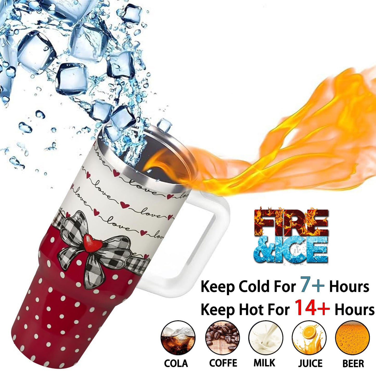 40 oz Red Bow Design, Stainless Steel, Thermal Mug