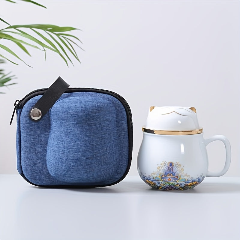 Cute Cat Ceramic Teacup With Lid, Filter and Travel Bag