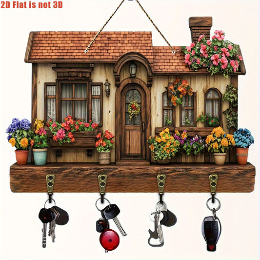 Rustic Pine Wood Flower Cottage Key Holder