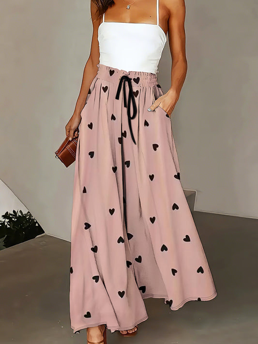 Women's Heart Print Wide Leg Pants