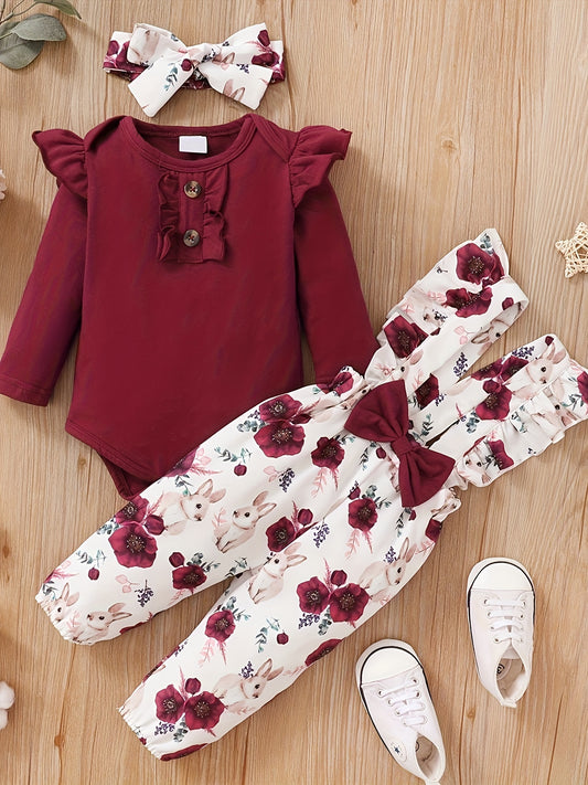 Ruffle Long Sleeve Romper Suspender Pant Set