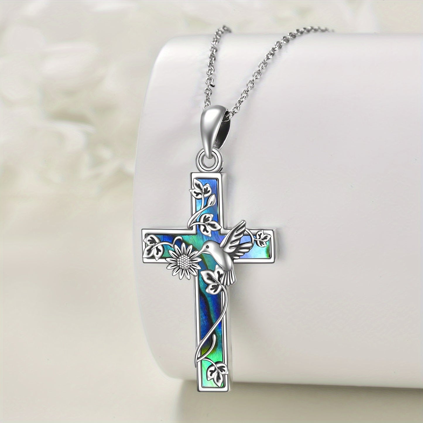 Sterling Silver Sunflower and Hummingbird Cross Pendant