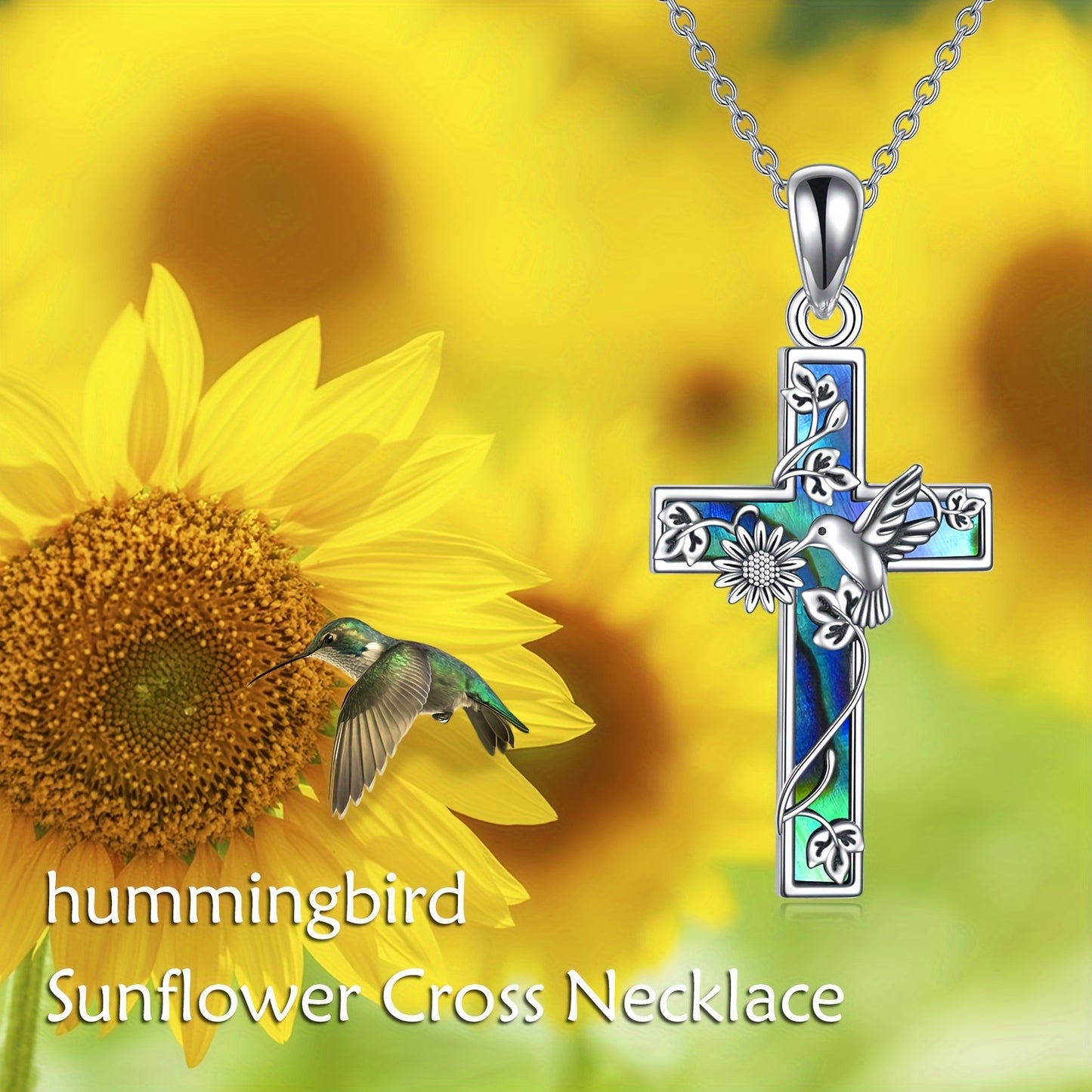 Sterling Silver Sunflower and Hummingbird Cross Pendant