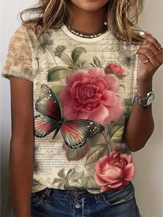 Butterfly & Peony Print T-Shirt