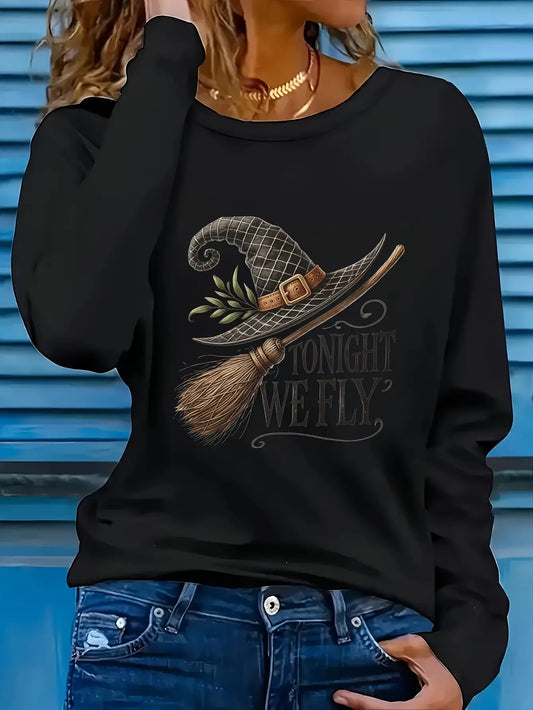 Gothic Witch & Broom Print Long Sleeve T-Shirt