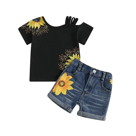 Cold Shoulder Shirt with Jean Shorts 2 Piece