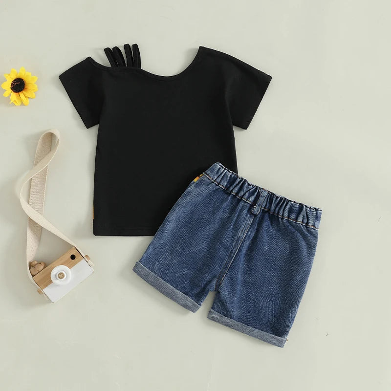 Cold Shoulder Shirt with Jean Shorts 2 Piece