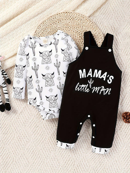 Highland cow print shirt with "mamas little man" overalls