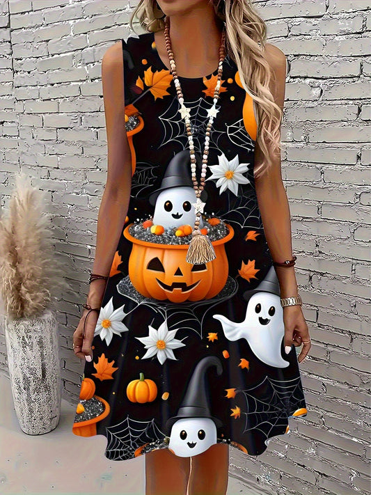 Sleeveless A-Line Mini Dress with Pumpkin, Bat, Spider Web
