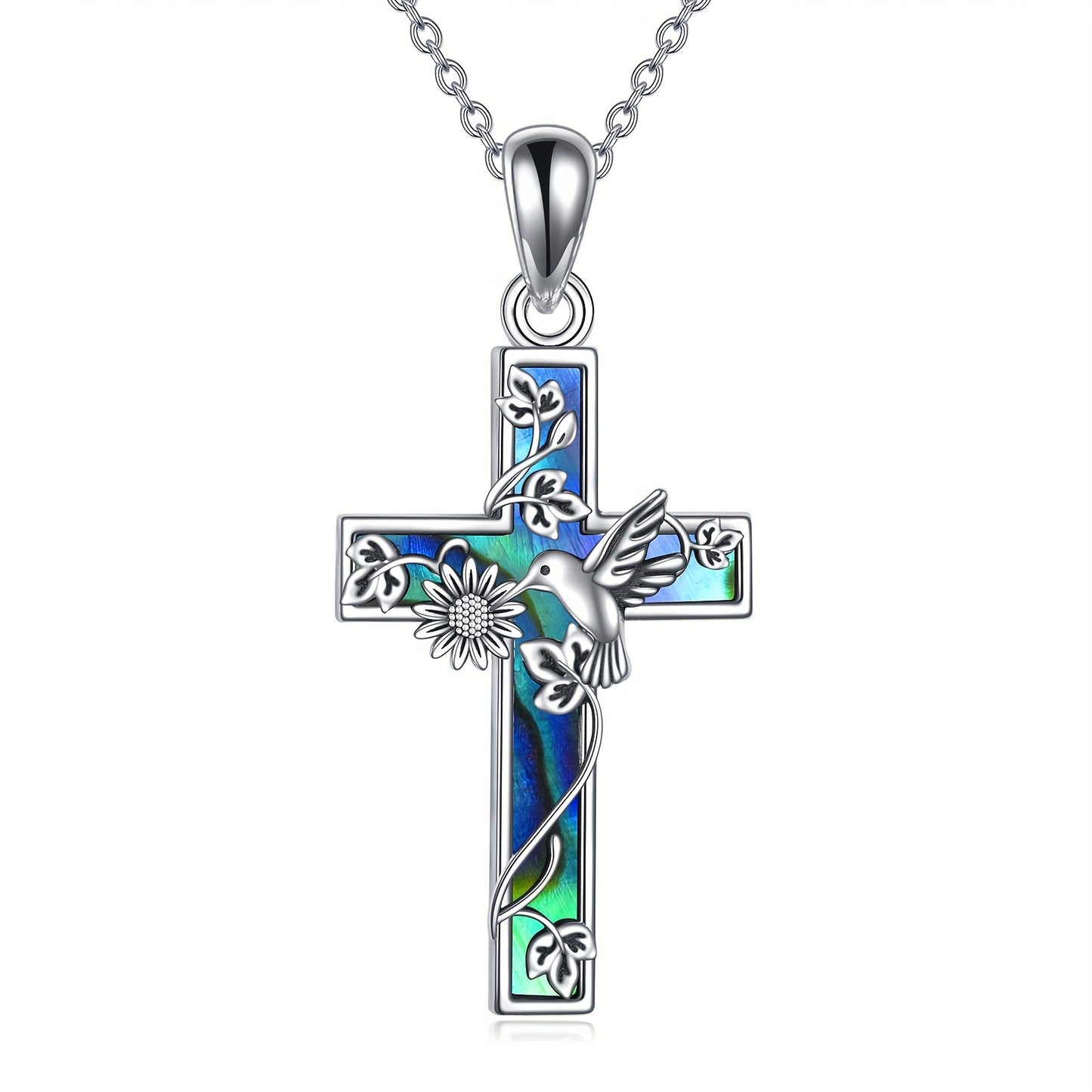 Sterling Silver Sunflower and Hummingbird Cross Pendant