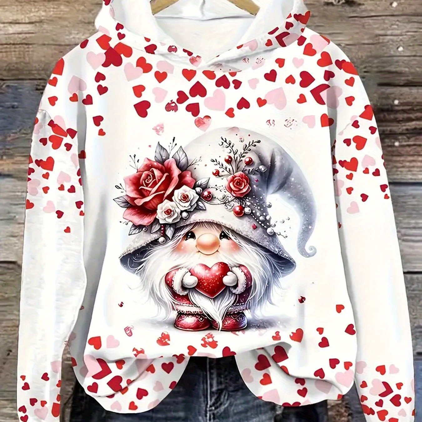 Valentine's Day Heart Gnome Print Hoodie
